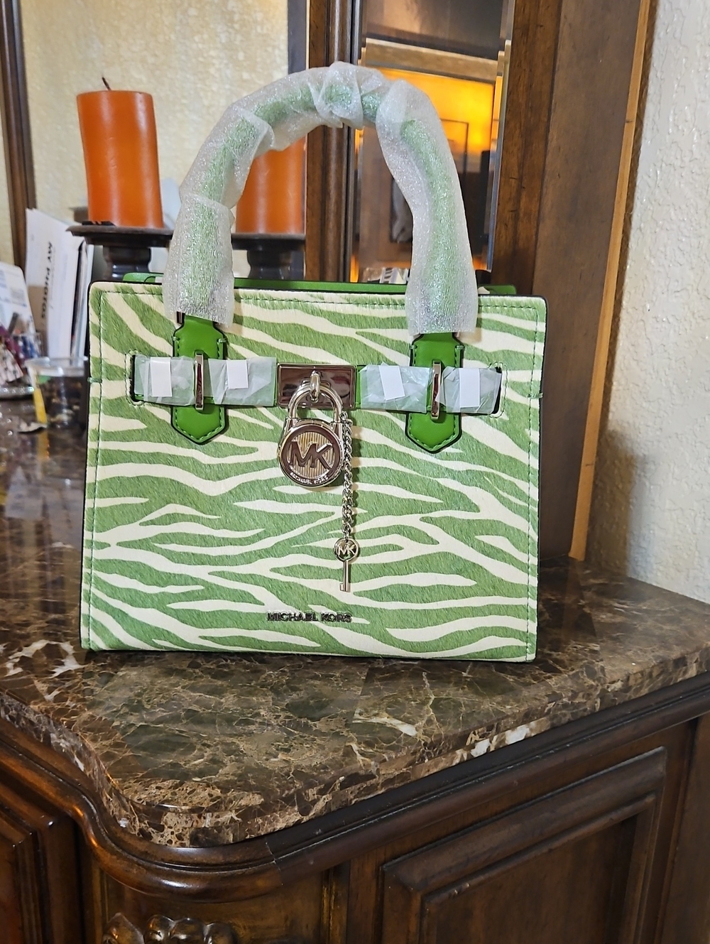 New Michael Kors Green & White Zebra-Print Leather Satchel
